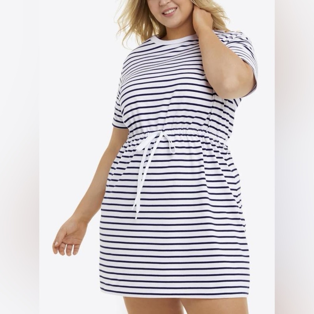 Draper James Nassau Navy Mariner Stripe Tie Waist nautical T dress 100% cotton
